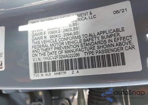 2021 Honda Accord Sport 2.0T from USA, damaged, VIN 1HGCV2F32MA022286